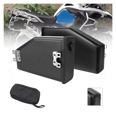 Ride Ready Waterproof Motorcycle Toolbox Left Side Carrying Case With Drop In Storage Pouch Heavy Duty Tool Stash Locker for 1200 and 1250 Models 14 to 23, black tool box with shiny latches and storage pouch.