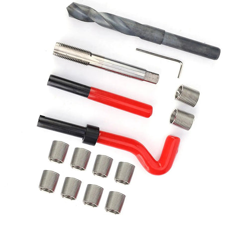 15-Piece M14x1.5 Stainless Steel Helical Thread Repair Insert Kit with Tools, including helical inserts and installation tools.