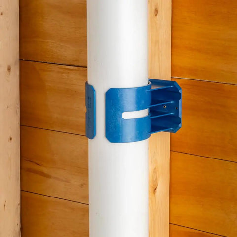 Heavy Duty Dust Hose Support Cradles For 4 Inch Shop Vac Tubing, blue reinforced ABS bracket on white PVC pipe wall mount