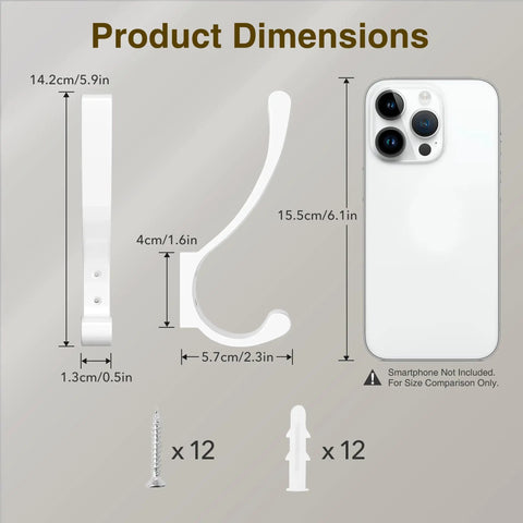 Heavy Duty Wall Mount Coat Hooks Set, Metal Hangers dimensions alongside smartphone for size comparison and included screws, anchors