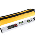 Pro Grade Digital Inclinometer Level 360 Degree Range Angle Finder With Bright Backlit Display on yellow pouch.