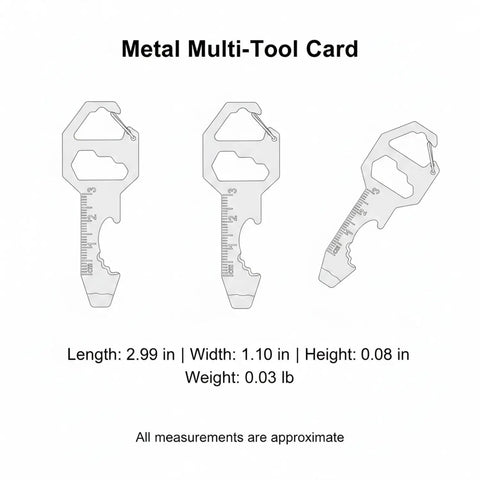 Ultra Slim Metal Multi-Tool Card With Bottle Opener And Hex Wrench For Wallet Or Keychain, silver, 2.99 x 1.10 in, three angles