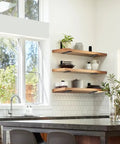 Kitchen wall with Four Pack L Shaped Shelf Brackets 6 Inch Long by 4 Inch High by 1.5 Inch Wide 5mm Thick Matte Black Iron Heavy Duty Shelf Supports.