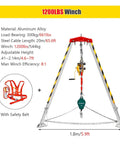 Heavy Duty Confined Space Tripod With Rescue Winch And Fall Protection Gear For Manholes Wells And Sewers, 7ft height, aluminum alloy.
