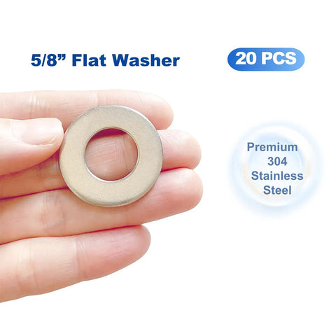 Front view of a 5/8 in ID by 1-5/16 in OD stainless steel flat washer held between fingers.
