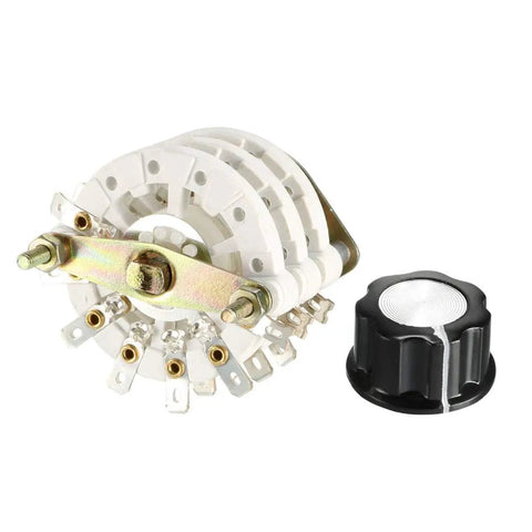 3P6T 3 Pole 6 Position 3 Deck Band Selector Rotary Switch With Knob Cap, 21 Pins, visible with mounting nut