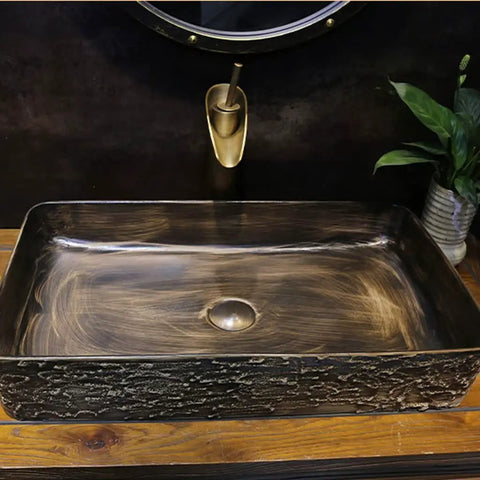 USZWBY Vessel Sinks Bathroom Vanity Sink Rectangular Ceramic Washbasin Art Countertop Basin shown from above on wooden countertop.