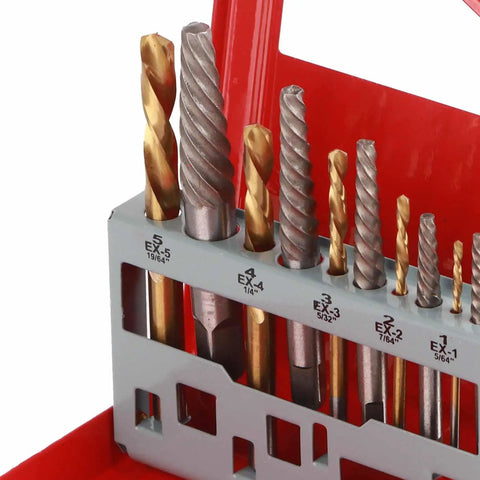 Grab This Awesome 10 Piece Screw Extractor Set With Drill Bits Left Hand Plated Alloy Steel Fastener Remover Kit For Damaged Screws Bolts Tough To Get Tools, numbered bits in red case