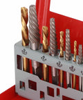 Heavy Duty Alloy Steel Screw Extractor Kit That Gets The Job Done With 10 High-Performance Left Hand Drill Bits For Pulling Stubborn Stripped Bolts And Fasteners Without A Hassle, red case with numbered bits