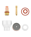 Pro TIG Gas Lens Glass Cup Kit for WP17 WP18 WP26 Torch, showcasing glass cup, copper body, collet, and washers