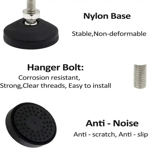 Close-up of nylon base with hanger bolt, part of 12 Pack Thread Leveling Feet Kit Straighten Tables And Chairs Fast Settle Uneven Floors Swivel Base Articulating Joint Heavy Duty Stabilizer Pads Quick Fix No More Wobble.