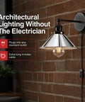 LEDSone Chrome Plug in Wall Sconce E26 Adjustable Cone Shade Wall Light mounted on brick wall with an exposed bulb and long cable.