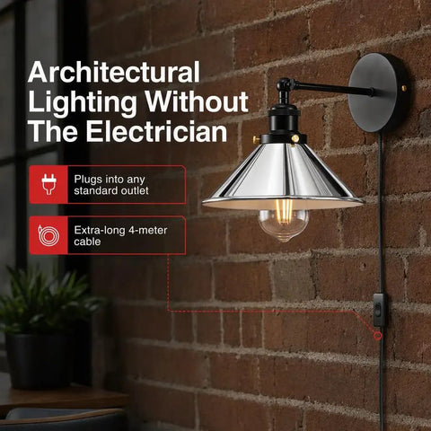 LEDSone Chrome Plug in Wall Sconce E26 Adjustable Cone Shade Wall Light mounted on brick wall with an exposed bulb and long cable.