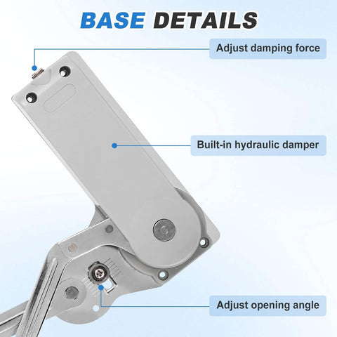 Close-up of a hydraulic lift cabinet door hinge with vertical up motion, showing built-in hydraulic damper and adjustable features.