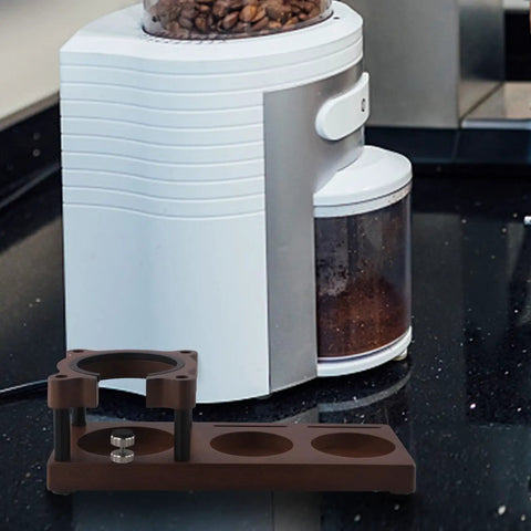 Adjustable Wooden Espresso Tamping Station And Hella Sturdy Portafilter Holder For 51 Mm Plus 58 Mm Coffee Tools positioned next to a coffee grinder.