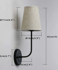 Rustic Vintage Wall Sconce Set Of 2 With Flared Funnel Linen Shade Matte Black Bedside Lamps side view dimensions