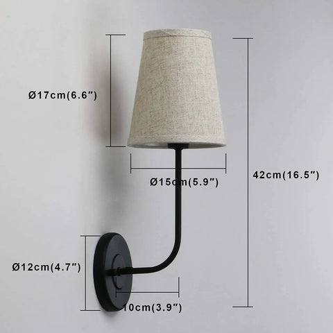 Rustic Vintage Wall Sconce Set Of 2 With Flared Funnel Linen Shade Matte Black Bedside Lamps side view dimensions