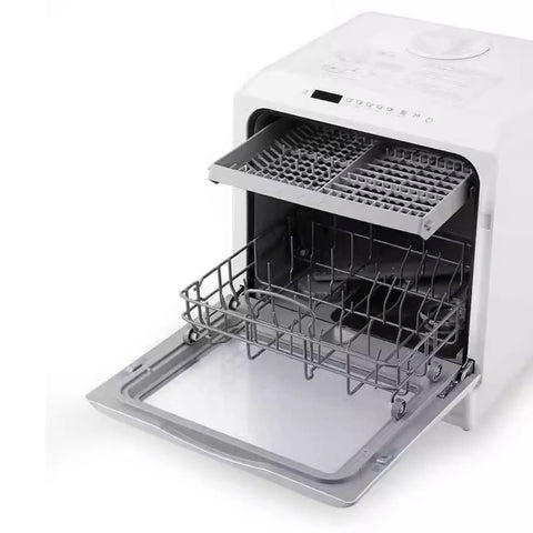 Compact Countertop Dishwasher Fully Automatic No Plumbing Needed Quick Dry Triple Filter Holds Large Plates, open view showing racks.