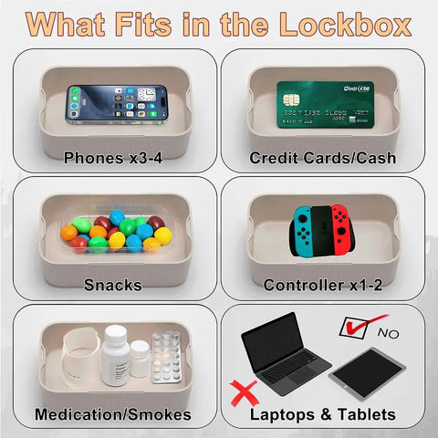 Image showing contents of Portable Time Lock Storage Box With Precision Digital Timer Sets, fitting phones, snacks, medication, and controllers.