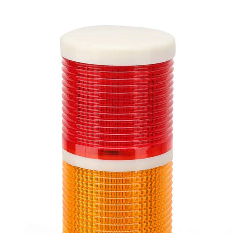 Close-up of 24VDC LED Signal Tower Alarm With Red, Orange, And Green Indicators For Workshops And Job Sites, upper red section visible
