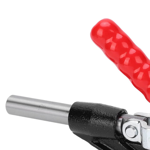 Close-up of Beast Mode Toggle Clamp for Woodworking Jigs and Fixtures with red handle, alloy steel with galvanized coating.