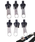 Six Piece Zipper Repair Kit With Black Sliders And Pullers For Clothes Bags And Gear Easy DIY At Home Fix Durable Metal And Plastic Zipper Teeth Replacement showing sliders