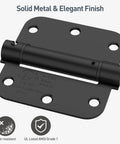 Self Closing Door Hinges Three Point Five Inch With Five Eighths Radius Corners Spring Hinges Adjustable Tension UL Listed Matte Black