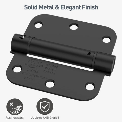 Self Closing Door Hinges Three Point Five Inch With Five Eighths Radius Corners Spring Hinges Adjustable Tension UL Listed Matte Black