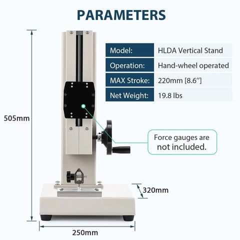 Manual Force Gauge Stand With Hand Wheel Control Eight Point Six Inch Stroke Beefy One Thousand Newtons Load Capacity Includes Two Testing Clamps Compression And Tension Testing For ZMF And EF Force Gauges, vertical steel frame