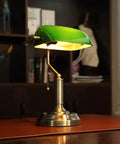 Green Glass Bankers Desk Lamp With Brass Base, Vintage Banker Style Library Light, Pull Chain Switch, E26 Compatibility