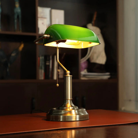 Green Glass Bankers Desk Lamp With Brass Base, Vintage Banker Style Library Light, Pull Chain Switch, E26 Compatibility