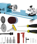 Front view of a blue mini desktop lathe with chuck and tailstock, plus grinding wheels, sanding discs, and tools.