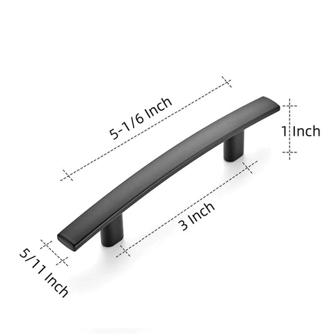 35 Pack Matte Black Cabinet Pulls Curved Arch Kitchen Drawer Handles 5 And 3 Sixteenths Inch Length 3 Inch Hole Centers Zinc Alloy Built Tough Easy Install For Cabinets And Furniture, close-up of one pull with measurements