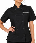 Womens Short Sleeve Double Breasted Black Chef Coat Featuring Ten Pearl Buttons And Tailored Kitchen Fit close-up with personalized name.