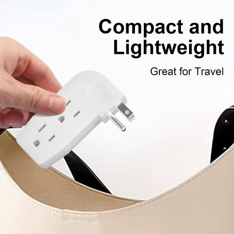 Hand holding Triple Outlet Wall Tap Adapter With 3 Prong Plug For Behind Furniture, Right Angle Grounded Power Splitter