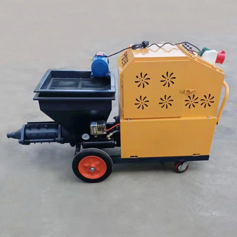 Heavy Duty Portable Construction Mortar Spraying Machine, Automatic Cement Sand Plaster Sprayer Pump side view with wheels.