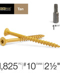 Pro Grade 10 Gauge Deck Screws Two Point Five Inch Long Self Drilling Epoxy Coated Fasteners For Pressure Treated Lumber And Outdoor Decking Big Box Value Pack Of 1825 Tan Pieces Quick Install Design with tan color and star drive.