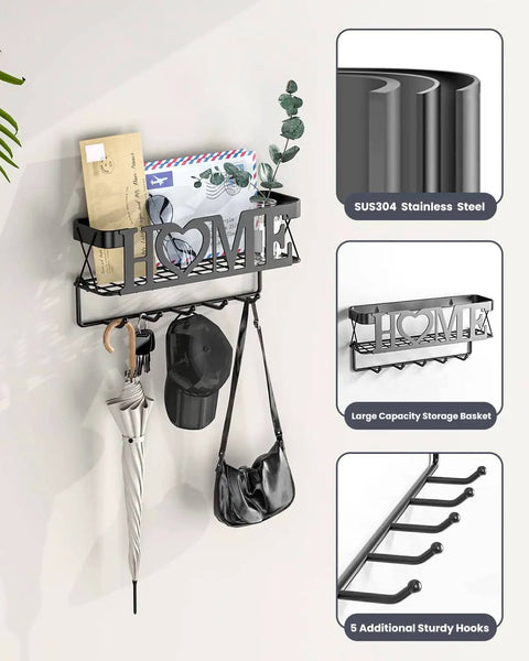 Streamline Your Entryway With This 5 Hook Wall Key Holder And Mesh Mail Basket Organizer In Matte Black Perfect For Keys And Mail And Quick Grab Essentials Before You Step Out The Door installed with accessories hanging