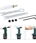 Heavy Duty Pneumatic Hydraulic Rivet Gun with accessories, quick release air valve, multiple nose sizes, fast assembly.