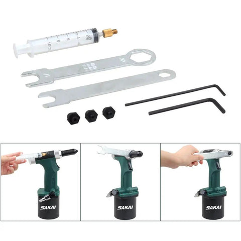 Heavy Duty Pneumatic Hydraulic Rivet Gun with accessories, quick release air valve, multiple nose sizes, fast assembly.