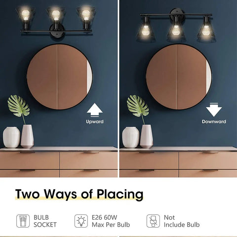 Vintage Industrial 3 Light Bathroom Vanity Fixture In Matte Black With Cage Design Over Mirror For A Retro Farmhouse Vibe Wall Light E26 Base, shown upward and downward placements over a mirror.