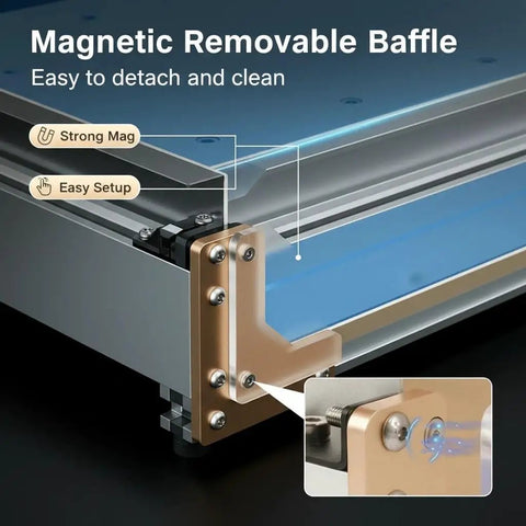 Close-up of the magnetic removable baffle on Pro Desktop CNC Router For Hobbyists And Pros With 3 Axis Control And Ball Screw.