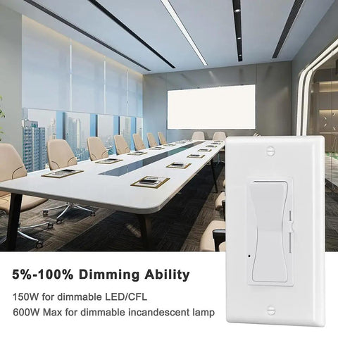 0-10V LED Dimmer Switch For Dimmable Lights Low Voltage 5 To 100 Percent Dimming Works With LED CFL Halogen And Incandescent Bulbs Single Pole Or 3 Way Install White Wall Plate Included ETL Listed 4 Pack