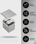 20A Receptacle Floor Box With Flip Lid, Tamper Resistant Electrical Outlet, Nickel Plated Brass Cover features image showing design and details