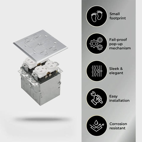 20A Receptacle Floor Box With Flip Lid, Tamper Resistant Electrical Outlet, Nickel Plated Brass Cover features image showing design and details