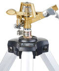 Close-up of Metal Pulsating Sprinkler With Quick Connect Set And XT Tripod 48 Inch High Reach Water From Above All Metal Durable