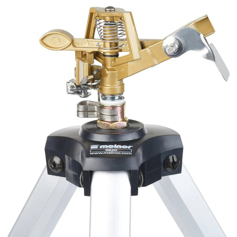 Close-up of Metal Pulsating Sprinkler With Quick Connect Set And XT Tripod 48 Inch High Reach Water From Above All Metal Durable