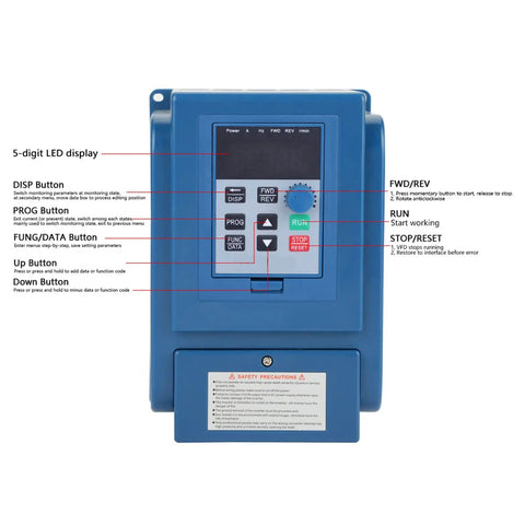 Rugged 4KW Variable Frequency Drive VFD Inverter For Three Phase 380V Systems, Beefy Torque Spindle Motor Speed Controller With Wide Range, Anti Trip, Dust Resistant, Industrial Grade front panel with LED display and RUN/STOP buttons