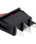 Lighted Rocker Switch On Off 16A 125V SPST Snap In 3 Prong for range hoods and appliances, close-up of 3 spade terminals