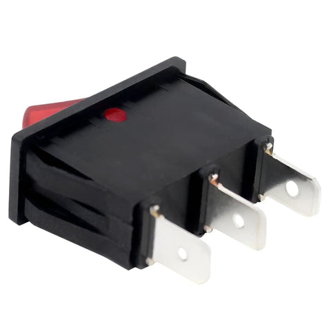 Lighted Rocker Switch On Off 16A 125V SPST Snap In 3 Prong for range hoods and appliances, close-up of 3 spade terminals